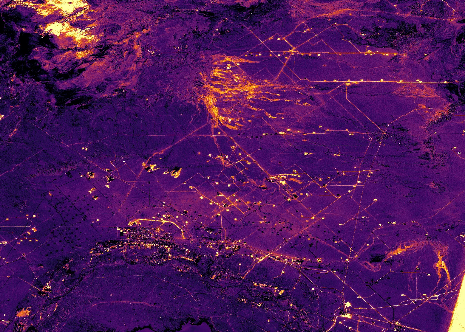 Cambio de brillo Sentinel-2 (10 m) PRE→POST: puntos = pads nuevos, líneas = caminos de acceso